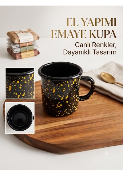 Galaksi Serisi Kobalt Mavi Sarı Sıçratmalı Retro Emaye Kamp Kupası 400 Ml Siyah