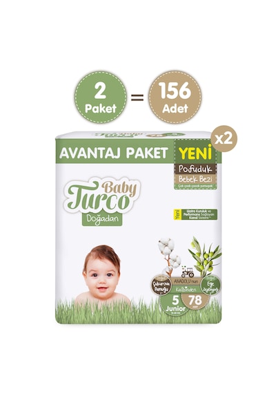 Baby Turco Doğadan Süper Avantaj Paketi Pofuduk Bebek Bezi 5 Numara Junior 156 Adet