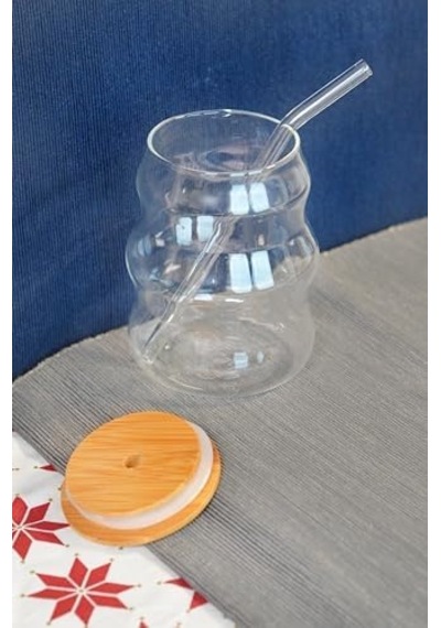Bambu Kapaklı Cam Pipetli 450 Ml Borosilikat Bardak