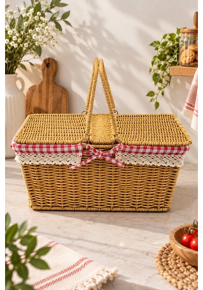 Hasır Rattan Dikdörtgen Piknik Sepeti Sepet Düzenleyici 18 38 25cm Sarı