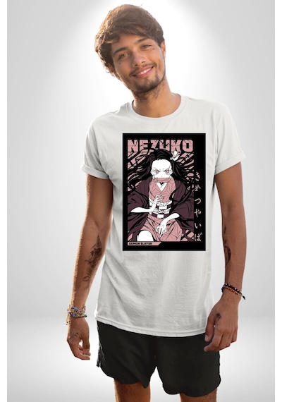 Nezuko Demon Slayer Unisex Unisex Beyaz Organik Baskılı T-shirt Penye Yüksek Kalite Beyaz