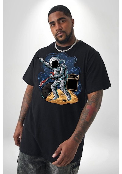 Angemiel Gitar Astronot Müzik Uzay Siyah Büyük Beden Erkek Kadın Unisex Basic Ön Baskılı Tişört Siyah