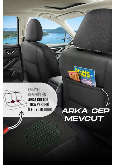 Siyah - Yeşil Panda Vibe Serısı Keten Kumaş Oto Koltuk Kılıfı - Tam Set