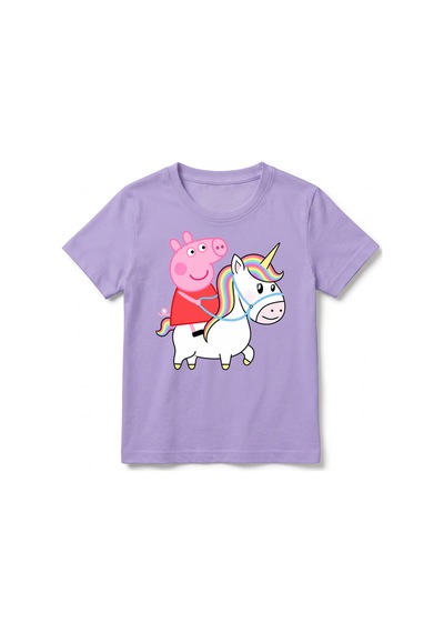 Urbantrendstore Peppa Pig Temalı Unisex Kız Çocuk Erkek Çocuk Bisiklet Yuvarlak Yaka Basic Kısa Kollu %100 Pamuk Tişört Lila