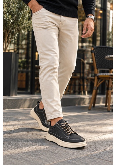 In Step Losta Erkek Siyah Deri Sneaker - Kalın Bej Tabanlı & Desen Detaylı Günlük Ayakkabı In Step Losta Erkek Siyah Deri Sneaker - Kalın Bej Tabanlı & Desen Detaylı Günlük Ayakkabı