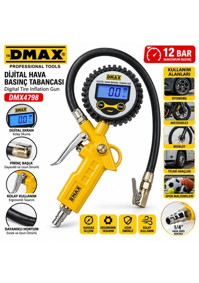 Dijital Hava Ölçme - Lastik Şişirme Tabancası 12 Bar Basınçlı - 1/4 Rekor Dmx-4798 5492
