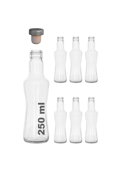 250 Ml Şeffaf İnce Belli Kapaklı Cam Şişe 250 Cc Meşrubat Şişesi 6 Adet Sentetik Tıpa Çok Renkli