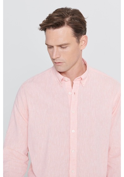 AC&Co / Altınyıldız Classics Erkek Yavruagzı Comfort Fit Rahat Kesim Düğmeli Yaka Casual Keten Gömlek Yavruağzı
