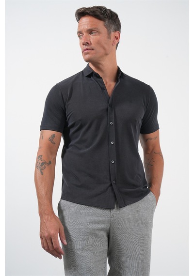 İmza Siyah İtalyan Yaka Kısa Kol Cepsiz Slim Fit Esnek Gömlek 1004260159