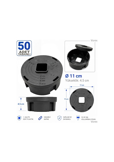 Vorex 50 Adet 11 Cm Tabanlı Yuvarlak Kamera Buatı Geçmeli Kapaklı 56-70-84-101 Mm Ip Dome