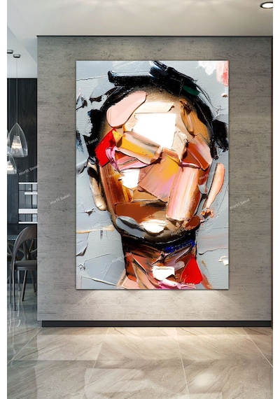 Yüzler Fırça Darbeli Görünümlü Soyut Modern Sanat Kanvas Tablo  90 x 60cc