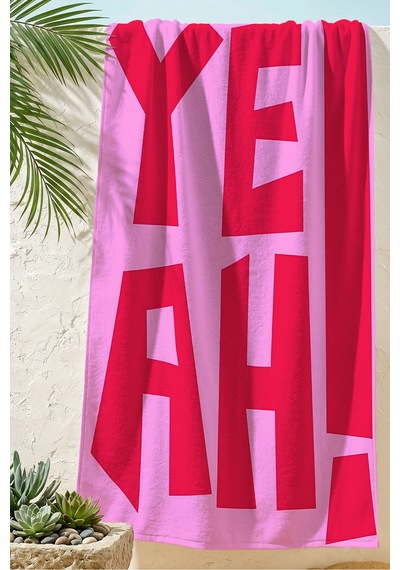 Yazı Temalı Pembe Plaj Havlusu - Minimalist Fuşya Tipografik Havuz Deniz Banyo Sahil Örtüsü Dalgın Yakamoz