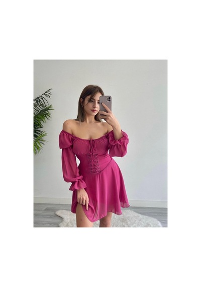 Munora Butik Kuşgözü Detaylı Şifon Fuşya Elbise Fuşya Fuşya