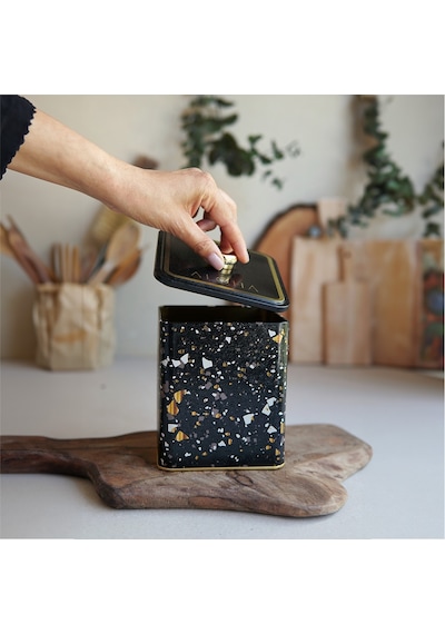 Terrazzo Black Desenli Kare Metal Saklama Kabı 12 x 12 x 13.7 CM 1.8 L