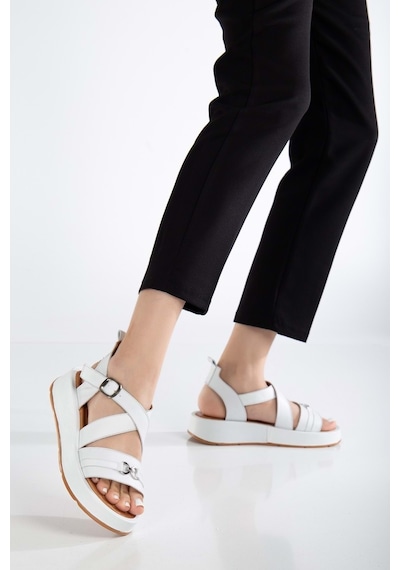 Analin Shoes Kadın Hakiki Deri Çapraz Bilekten Bantlı Günlük Sandalet Beyaz