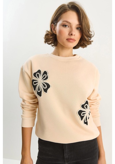 Shade Kadın Bisiklet Yaka Çiçek Nakışlı Üç İplik Şardonlu Sweatshirt 60601045 - Bej