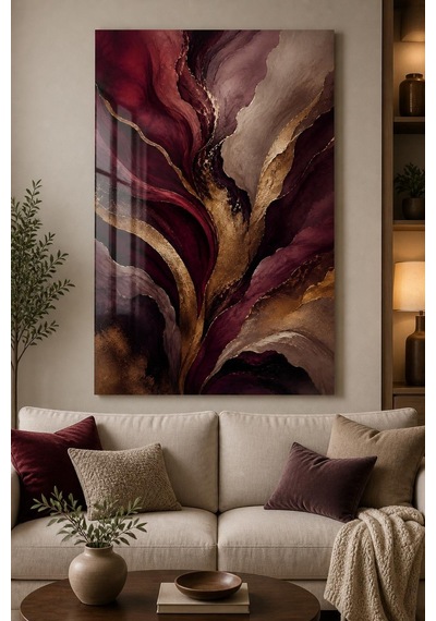 Soyut Bordo Altın Desenli Baskılı Cam Tablo Modern Dekoratif Duvar Tablosu