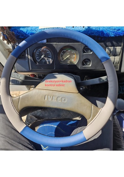 Dikişli Direksiyon Kılıfı Mavi / Gri Deri Siyah Dikişli Iveco Kamyon 2000 Kasa İçin Siyah