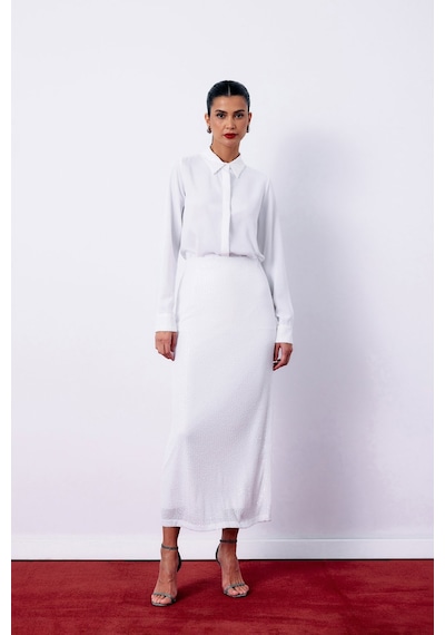 Sateen Pul Payetli Midi Etek - Ekru-135198 Ekru