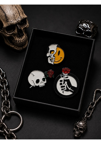 3 Lü Gotik Figürlü Rozet Seti Kuru Kafa Ve İskelet Temalı Metal Broş Seti 3 Renkli 88062002
