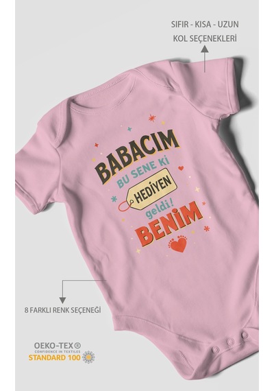 Babacım Bu Sene Ki Hediyen Geldi Benim Baskılı Bebek Zıbını Çıtçıtlı Body %100 Pamuk Kısa Kol Koyu Pembe