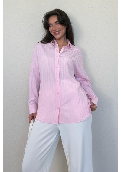 Madmext Pembe Uzun Kollu Çizgili Oversize Gömlek Mg2080 Pembe
