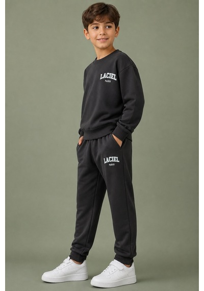 Eray Alp Kids Unisex Çocuk Baskılı Eşofman Takımı Günlük Rahat Kombin Siyah