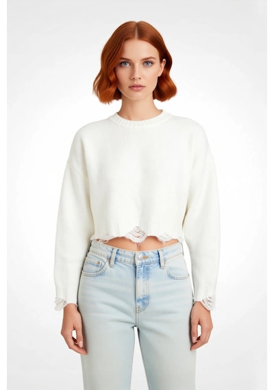 Ersefa Kadın Casual Crop Oversize Bisiklet Yaka Triko Kazak Düşük Kol Ak Ekru