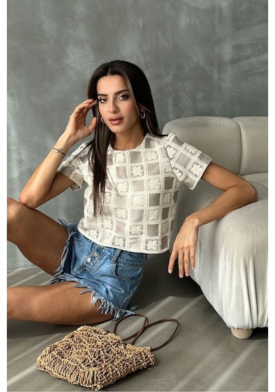 Verymoda Kısa Kollu Dama Desen Tiğişi Bluz D2619 Ham Taş