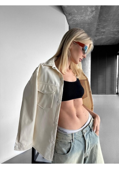 Kadın Ekru Oversize Düz Kesim Deri Ceket Ekru