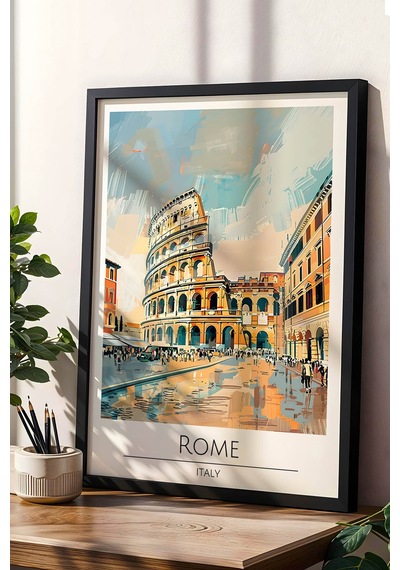 İtalya Roma Duvar Tablosu Kolezyum Temalı Modern Salon Duvar Dekoru, Çerçeveli Poster Tablo Siyah