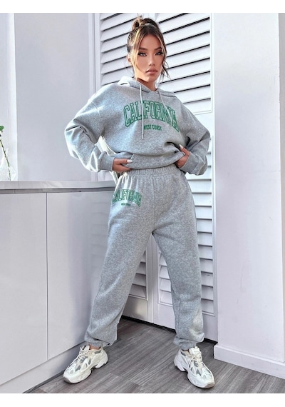 Eşofman Takımı Sweatshirt Jogger - Gri Baskılı Oversize Şardonlu Kapüşonlu Gri