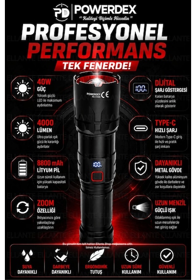 Profesyonel Zoomlu Avcı Feneri 40w 4000 Lümen 8800 Mah Şarjlı Led El Feneri Dijital Batarya Gösterge Çok Renkli