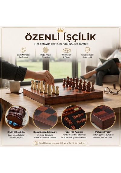Kişiye Özel İsimli Lüks Ahşap Manyetik Satranç Takımı 30 Cm Katlanır Özel Yuvalı Premium Oyun Seti