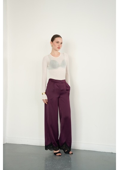 Verymoda Paçası Dantelli Saten Pantolon D2969 Mürdüm