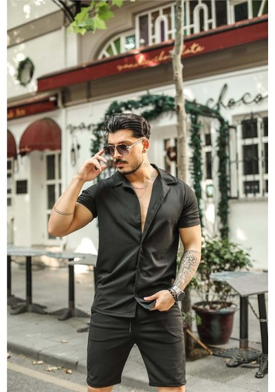 Erkek Siyah Slim Fit Alt Üst Şort Takım-gmlksrt01r01s Siyah Siyah