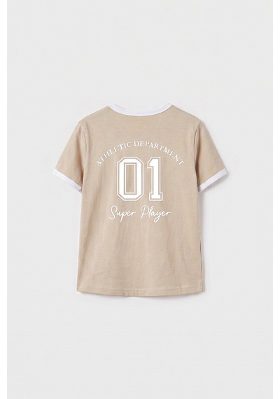 Bej Omuz Biye Detaylı Baskılı Kız Çocuk T-shirt - 75181