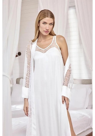 Ang Butik Kadın Dantelli Ve Dekolteli Saten Sabahlık Takımı BEYAZ