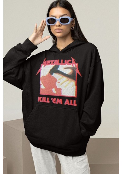 Sevbano Metallica Kill 'em All Yazılı Unisex Oversize Rock Metal Grubu Ho Siyah