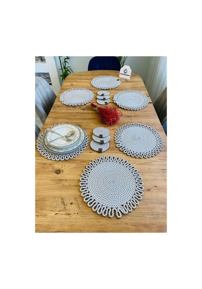 Jüt Hasır Amerikan Servis Supla Ve Bardak Altı 12 Parça Gri Beyaz Gri Beyaz
