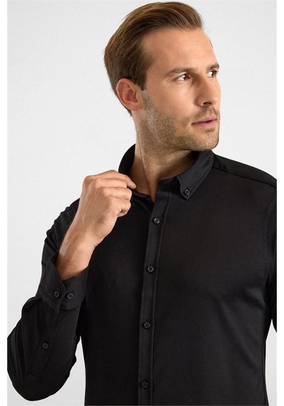 Süvari Siyah Slim Düğmeli Yaka Manşetli Casual Gömlek Sgm2025500003-s09