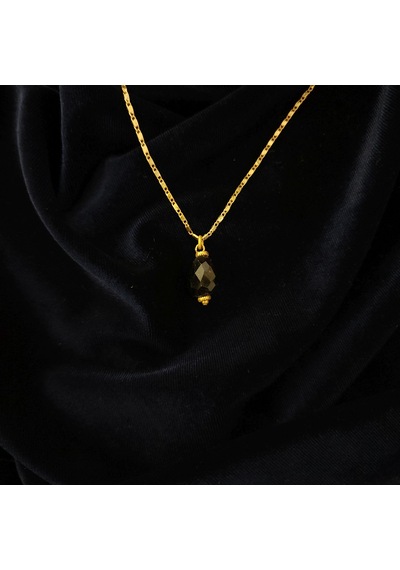 Doğal Oniks Taşlı Fasetli Kesim Gold Detaylı Çelik Zincirli Kolye Siyah