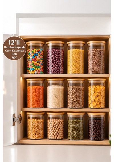 Porsima 2-4 Bambu Vakumlu Kapaklı Yuvarlak Cam 12li Kavanoz Seti Saklama Kabı 1300ml 10x20cm