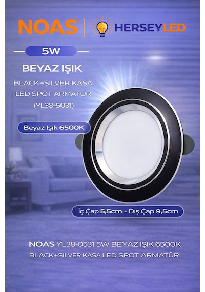 Yl38-0531 Noas 5w Beyaz Işık 6500k Black+sılver Led Spot Yl38-0531 Beyaz