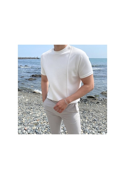 Cool Tarz Beyaz Erkek Yuvarlak Yaka 2 Çizgili Örme T-shirt Beyaz Beyaz