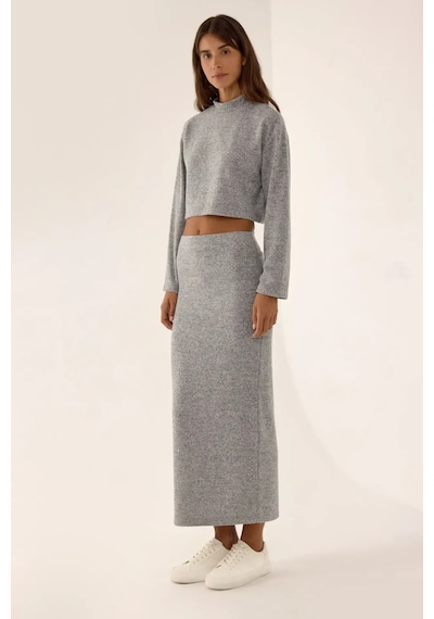 Hiccup Düşük Bel Örme Bodycon Maxi Etek Gri