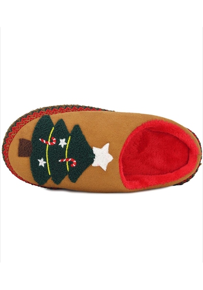 Yılbaşı Noel Çam Ağacı Desen Ev Terliği Taba