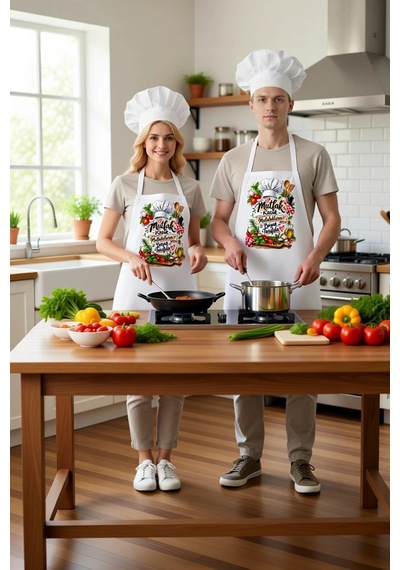 Erkek Aşçı Önlüğü Mutfak Teması El Yazısı Baskı Unisex Rahat Kesi Beyaz