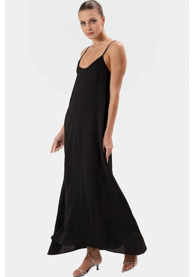 Ersefa Şık V Yaka Kolsuz Maxi Elbise 130cm Boy Polyester Dokuma Rahat Se Siyah