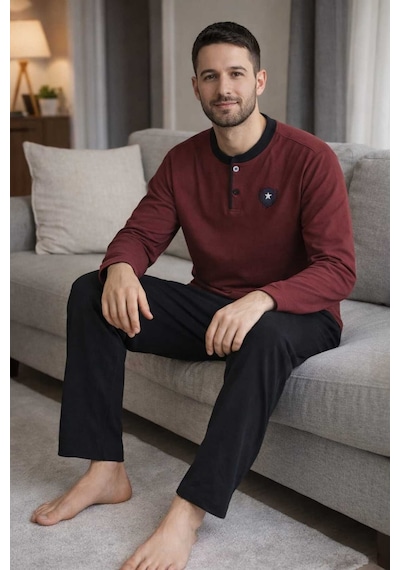 Tenra Erkek Pijama Takımı %100 Pamuk Uzun Kol Bordo
